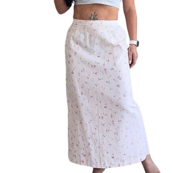 Coldwater Creek Linen Blend Floral Midi Skirt Pink White Cottagecore vintage M - Picture 1 of 8